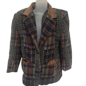 Vintage 90s JL Colebrook Wool Blend Plaid Blazer Suede Trim Women's Size 8‎
